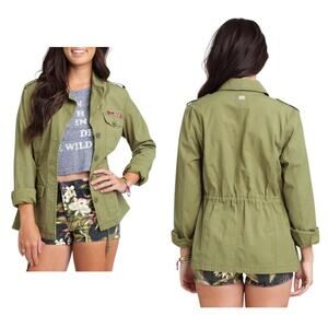 Billabong Jacket Shacket Distressed Grunge Fringe Boho Military Green S